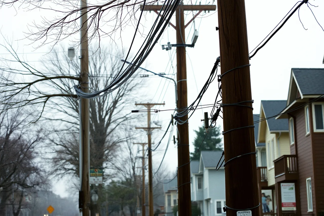 Aerial fiber and coax cables on utility poles with overhanging tree limbs (How Seattle weather and Cascadia quakes shape connectivity backup)